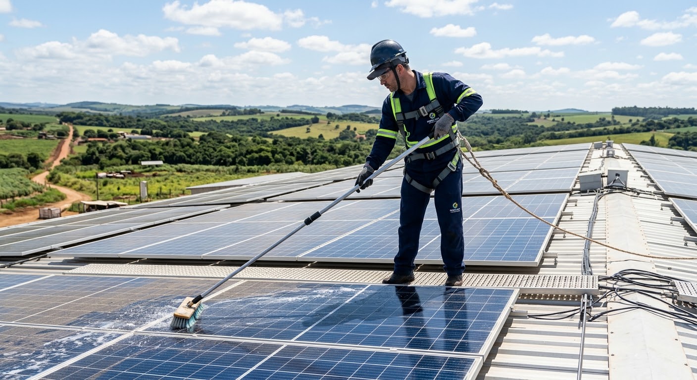 Profissional Desbre limpando placas solares em galpão com escova e água