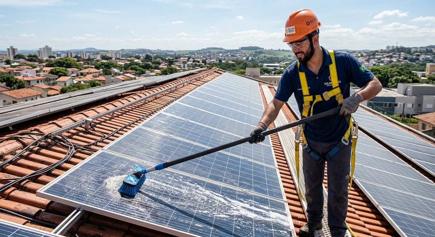 Profissional Desbre com equipamento de segurança limpando placas solares
